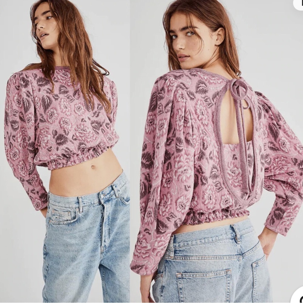 Free People No Ordinary Floral Jacquard Knit Puff Sleeves Top Pink